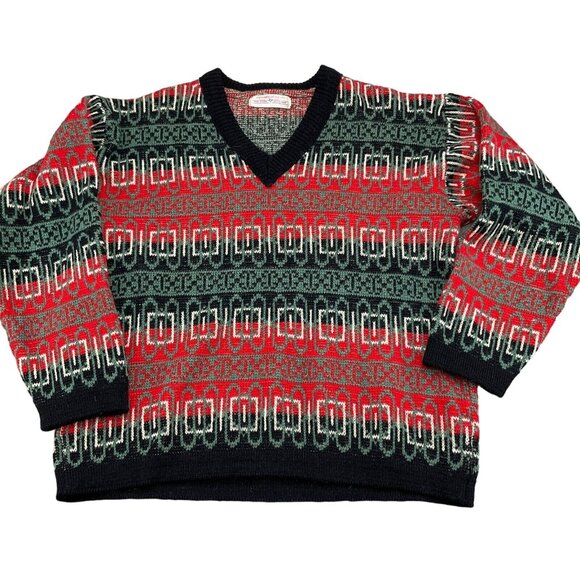 Sigmund Ruud Exports Sweater Men Large Red Black Green Wool‎ Ski Norway 50s VTG - Picture 1 of 11